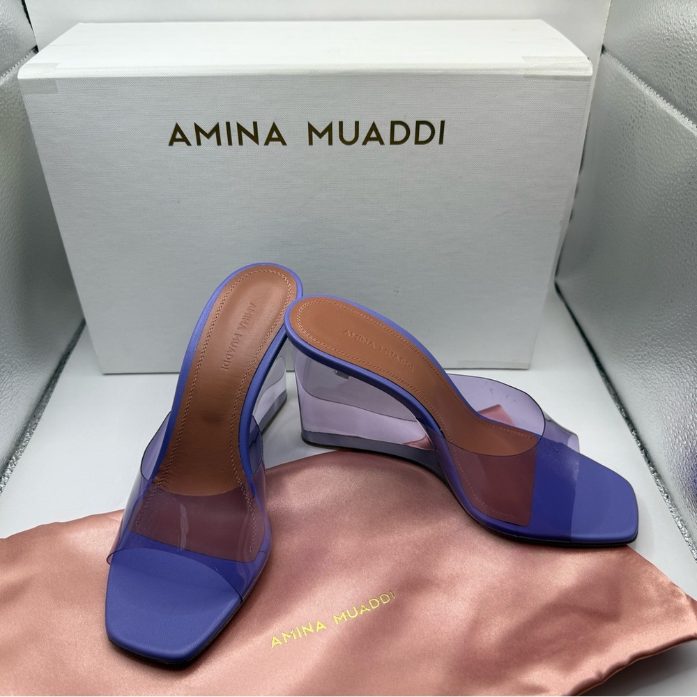 NIB Amina Muaddi Lupita Glass Wedge Tanzanite (Lilac) 37.5